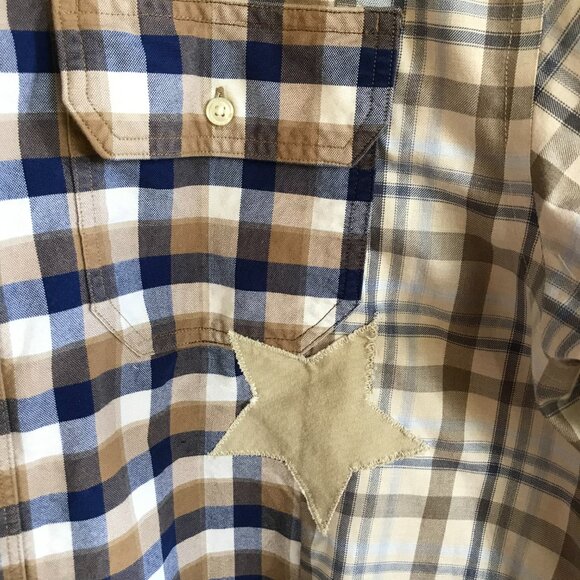 Upcycled Patchwork Plaid Shirt, Size M-L: Boho Mixed Print Top, Star Appliqué - Picture 6 of 11